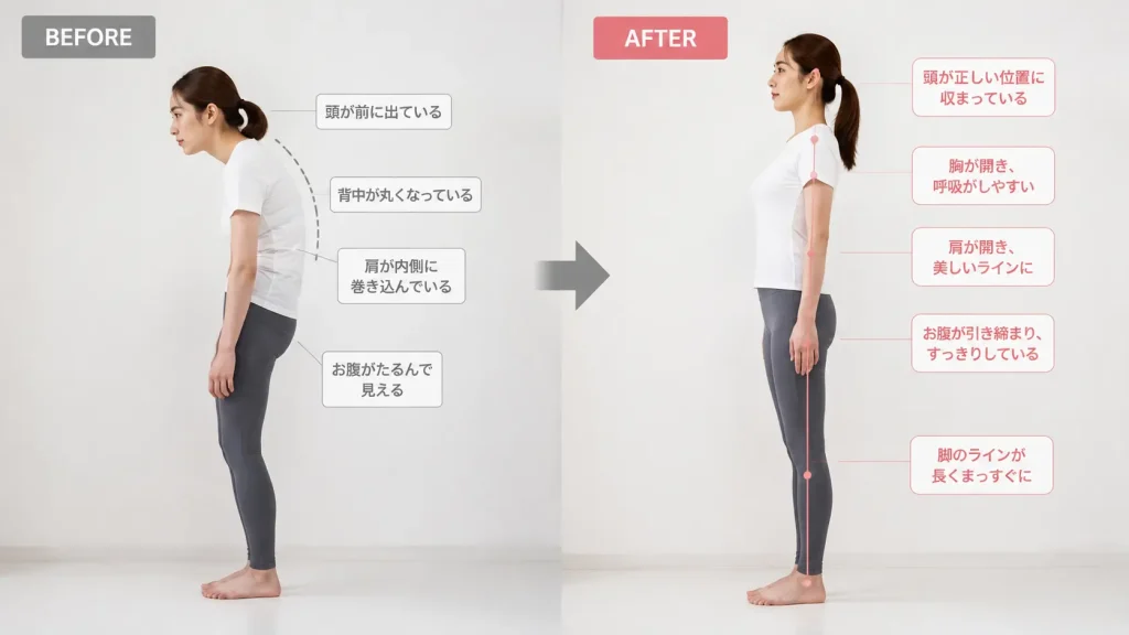 背中が丸まり、頭が前に突き出ている「猫背・巻き肩」と、立ち姿が美しく姿勢がピシッと整った人のビフォーアフターイメージの画像。