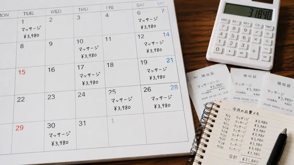カレンダーに毎週のように「マッサージ」の予定が書き込まれており、出費がじわじわと積み重なっていく様子を示す画像