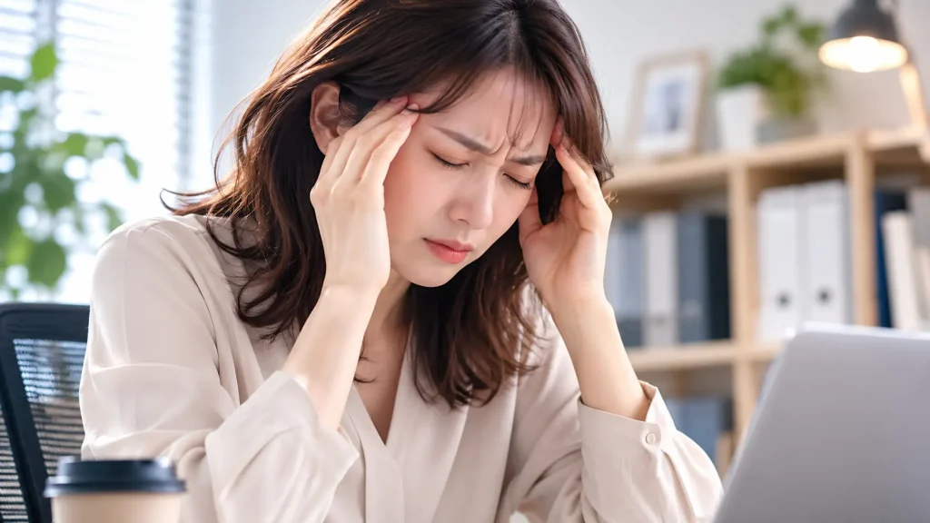 ずっしり重い頭痛に悩まされ、こめかみを押さえながら眉間にシワを寄せているデスクワーカー