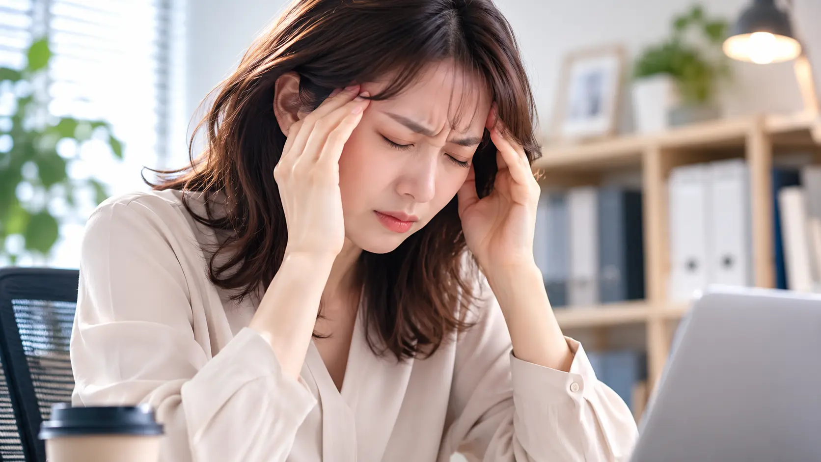 ずっしり重い頭痛に悩まされ、こめかみを押さえながら眉間にシワを寄せているデスクワーカー