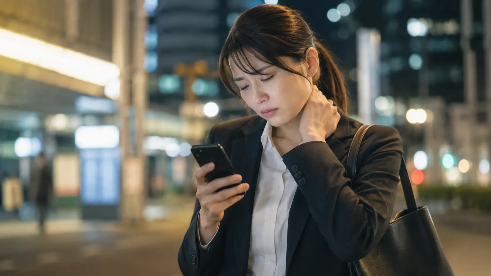仕事帰りに疲れ切った表情でスマホを見ながらマッサージ店を検索しているビジネスパーソン