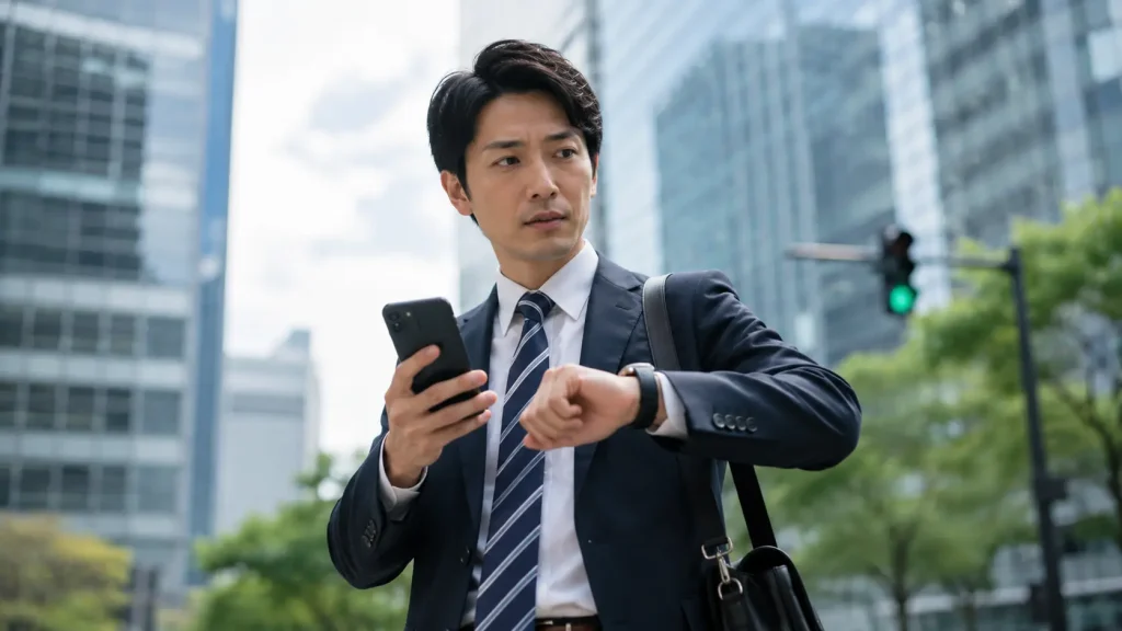時計とスマートフォンを持ち、テキパキとスケジュールをこなすビジネスパーソンのイメージ