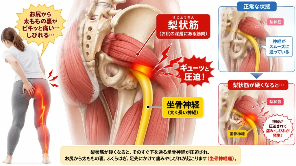 お尻の深層にある「梨状筋」という筋肉が、そのすぐ下を通る黄色の太い神経(坐骨神経)をギューッと圧迫している様子を示す解剖図・イラスト
