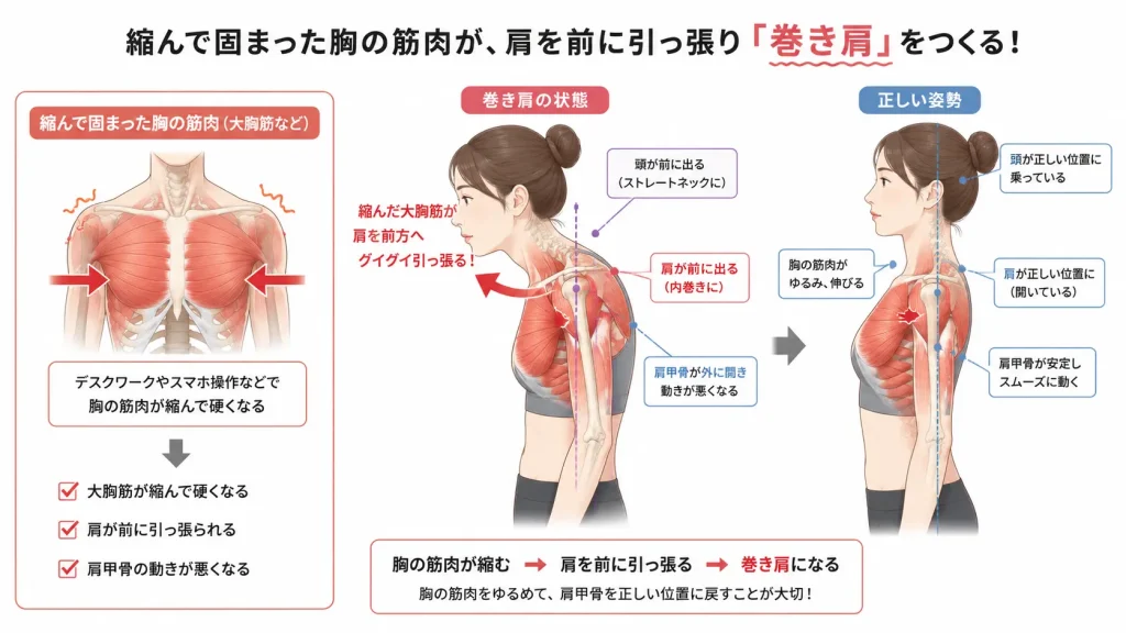 縮んで固まった胸の筋肉(大胸筋など)が、肩を前にグイグイ引っ張って「巻き肩」を作っている様子を示すわかりやすい筋肉のイラスト図解