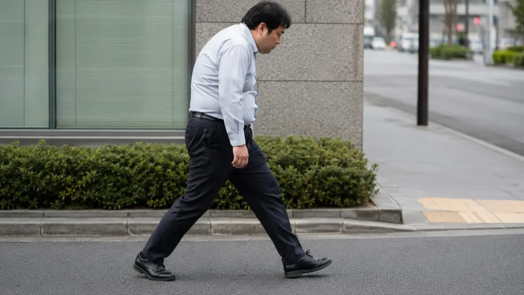 骨盤が後ろに倒れて猫背になり、膝が外側に開いてしまっている(がに股・歩行バランスが悪い)姿勢の悪い人