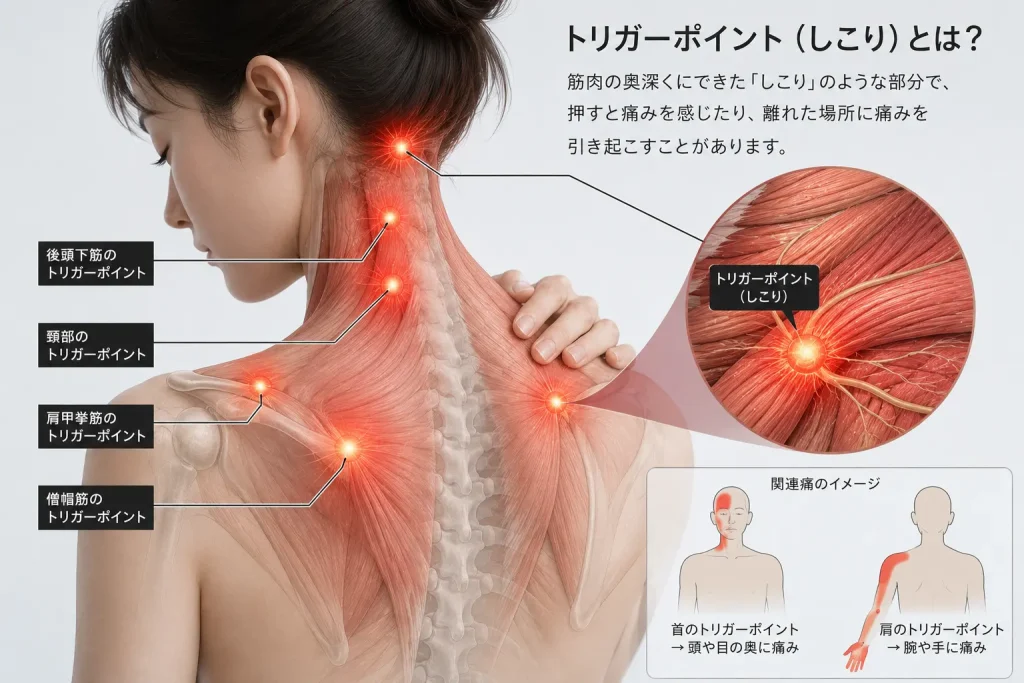 首や肩の奥深くにある「トリガーポイント(しこり)」が赤く光っているような図解