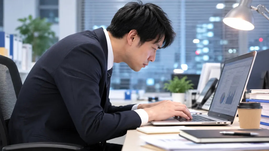 PCを操作していて、肩が前に出て首が前に落ちている(巻き肩・猫背)ビジネスパーソン