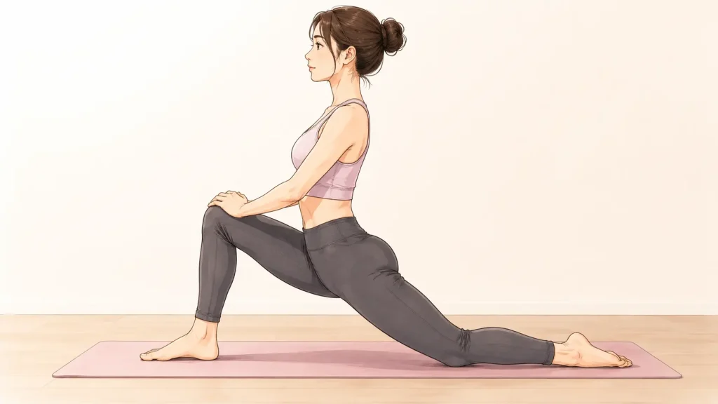 床に片膝を立てて前後に脚を開き、骨盤を前にスライドさせて太ももの付け根の前側を伸ばしている、正しい腸腰筋ストレッチのやり方のイラスト