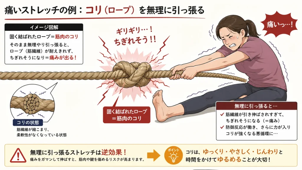 固く結ばれたロープ(筋肉のコリ)を、そのまま無理やり引っ張ってちぎれそうになっている(=痛いストレッチ)様子を示す図解