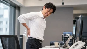 長時間のデスクワークや立ち仕事で、腰をトントンと叩きながら辛そうな表情をしているビジネスパーソン