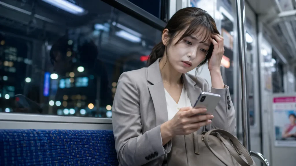 夜の電車内で、疲れ切った表情でスマホを見ながらマッサージ店を検索しているビジネスパーソンの写真