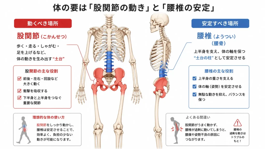 人間の骨格図で、動くべき「股関節」と、安定すべき「腰椎(腰骨)」がそれぞれ赤と青で分かりやすく色分けされているイラスト