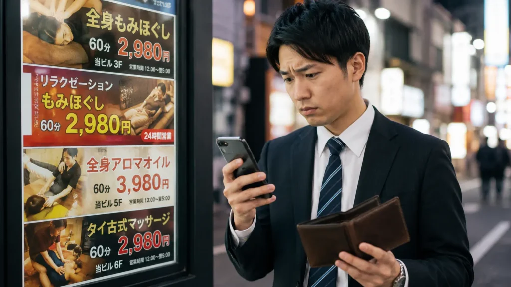 スマートフォンの画面に並ぶ「2,980円」などの格安マッサージ店の看板や、お財布を気にしながらどこに行こうか迷っているビジネスパーソンの画像