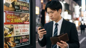スマートフォンの画面に並ぶ「2,980円」などの格安マッサージ店の看板や、お財布を気にしながらどこに行こうか迷っているビジネスパーソンの画像