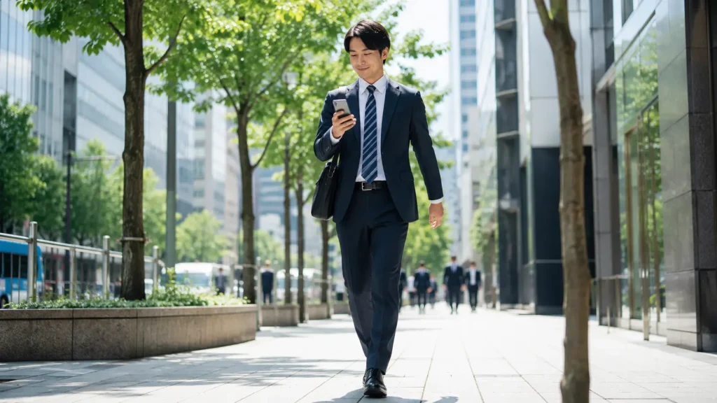 スマートフォンの歩数計アプリを見ながら、三宮のオフィス街を軽快な足取りでウォーキングしているビジネスパーソン