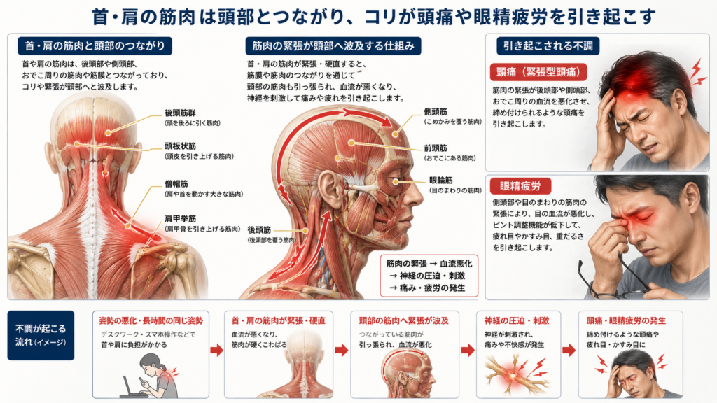 首から肩、そして頭の筋肉がつながっており、首肩のコリ(赤くなっている部分)が頭痛や眼精疲労を引き起こしている様子を示す、わかりやすい人体・筋肉のイラスト解剖図