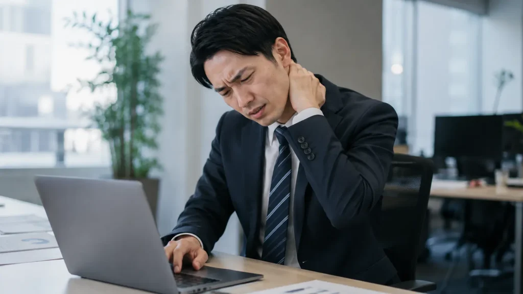 首を辛そうに押さえながら、パソコンのキーボードを叩いて仕事の効率が落ちている男性