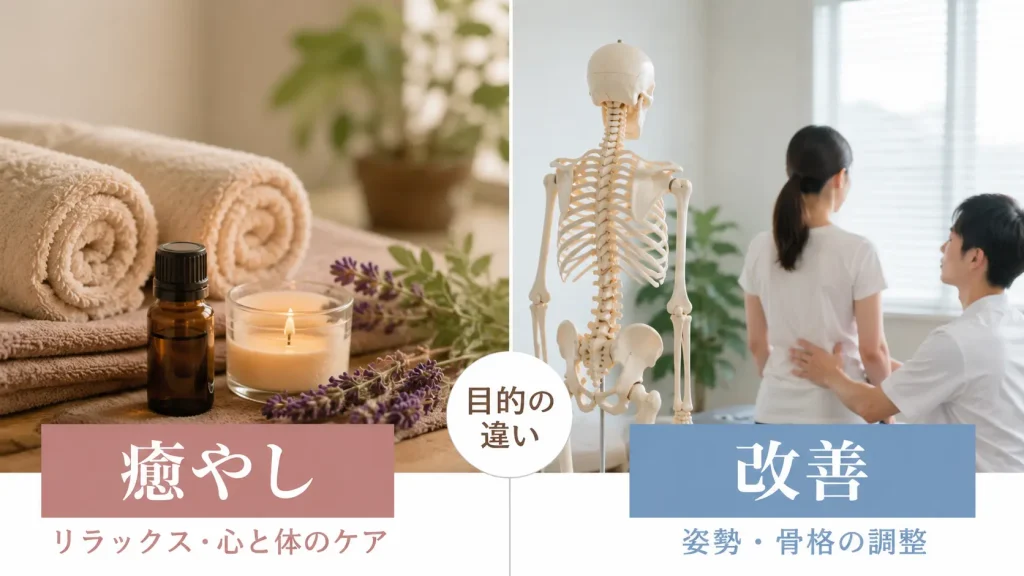 「癒やし」を連想させるアロマやタオルの写真と、「改善」を連想させる骨格模型や姿勢チェックの写真を左右で比較した画像
