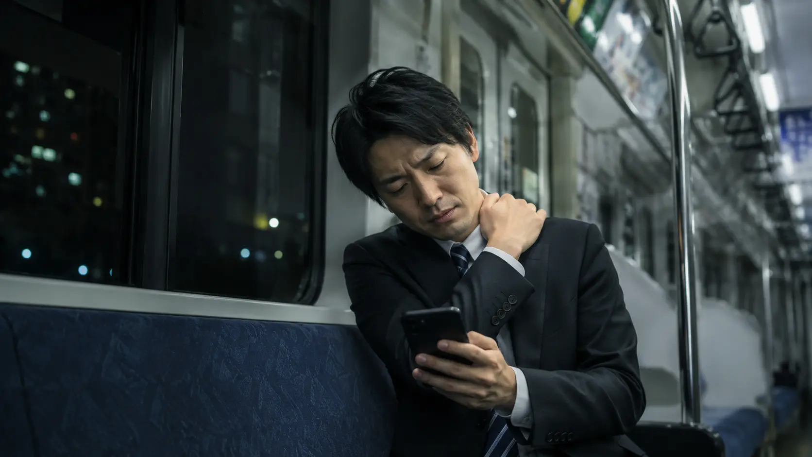 帰りの電車内で、疲れた表情でスマートフォンを操作しながら肩や首を押さえているビジネスパーソンの写真