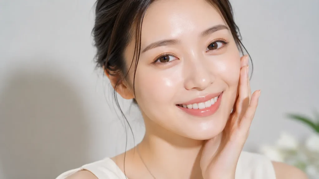 メイクノリが良く、ツヤのあるお肌でスッキリとした笑顔を浮かべている女性の美しいアップ写真