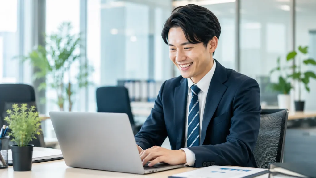 スッキリとした笑顔でパソコンに向かってバリバリ仕事をしている、エネルギーに満ちたビジネスパーソンの写真