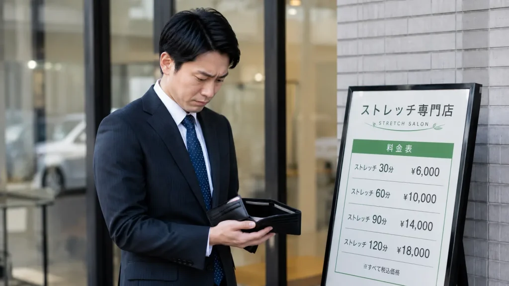 料金表の前で躊躇しているビジネスパーソンの写真