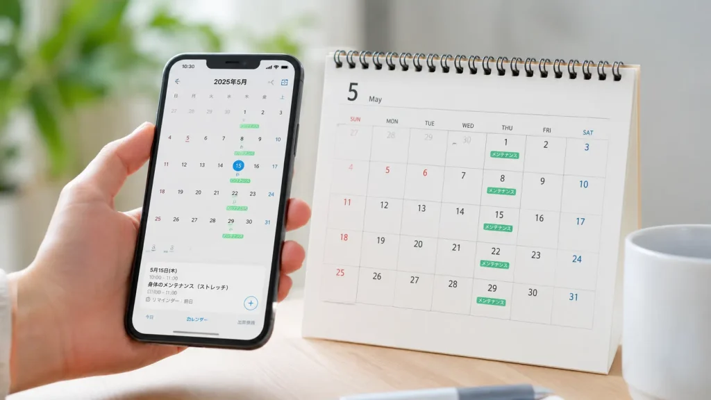 カレンダーに定期的なメンテナンス予定がスマートに登録されているイメージ