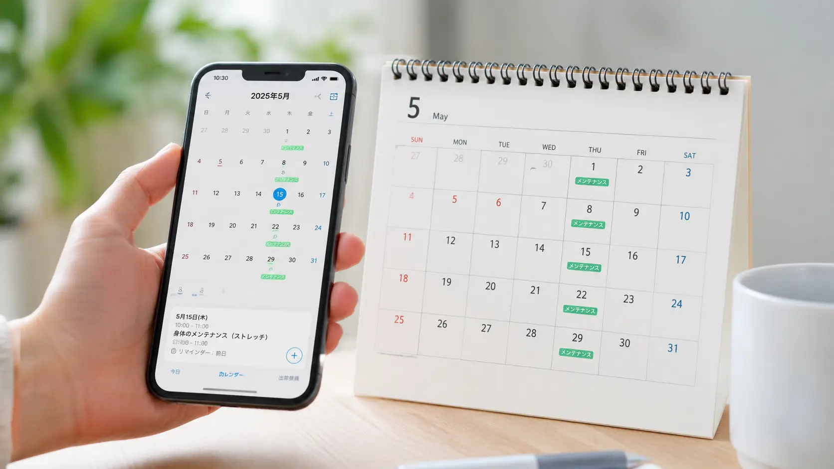 カレンダーに定期的なメンテナンス予定がスマートに登録されているイメージ