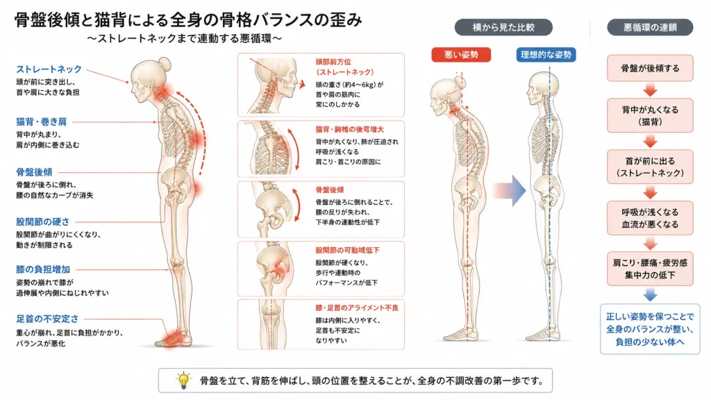 骨盤が後ろに倒れて猫背になり、連動して首が前に突き出している(ストレートネック)全身の骨格バランスの歪みを示すイラスト