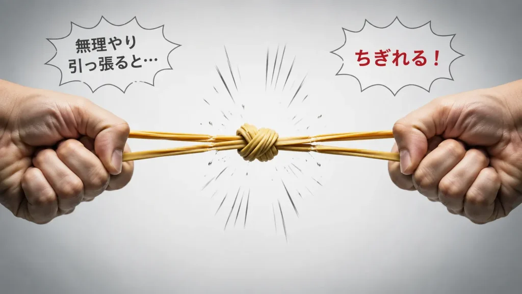 硬く結ばれたゴム紐を無理やり引きちぎろうとしているイメージ図