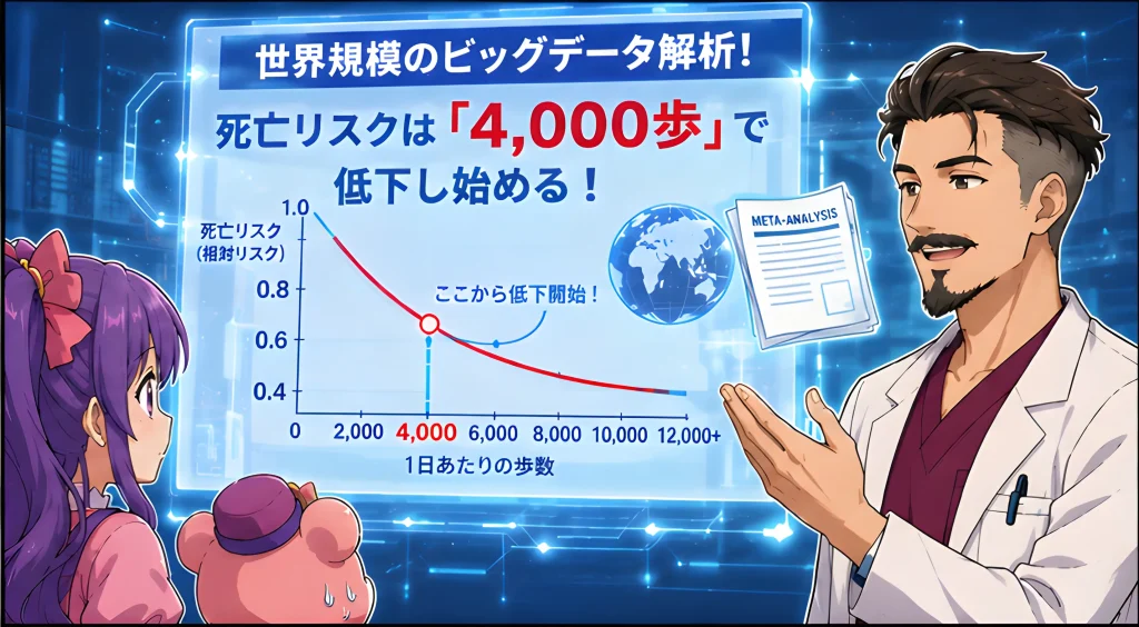 「1日約4,000歩」から、あらゆる原因による死亡リスクが明確に下がり始めることをグラフにしたイラスト
