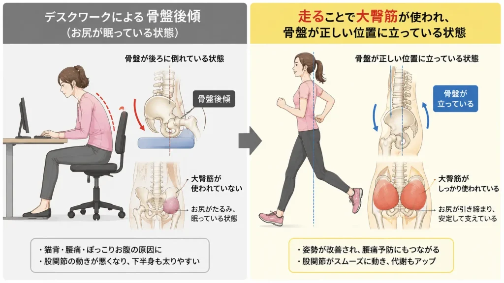 骨盤後傾による猫背姿勢とお尻の大臀筋が使われて美姿勢になる仕組みのイラスト