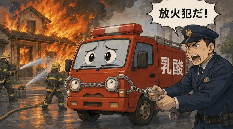 火事の現場(疲労)に駆けつけた消防車(乳酸)を見て、警察官(1920年代の学者)が「お前が犯人だ!」と捕まえているシュールでわかりやすいイラスト