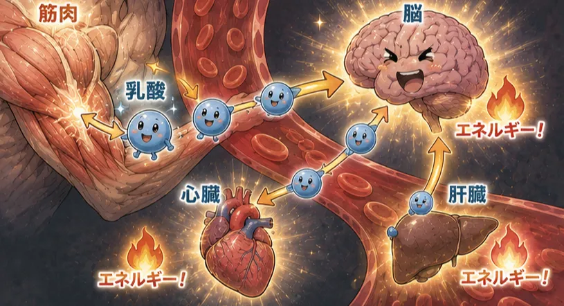 筋肉内で作られた乳酸が血液の川に乗って脳や心臓に運ばれ、そこで再利用されて燃えるエネルギーになっている「乳酸シャトル理論」のイメージ図