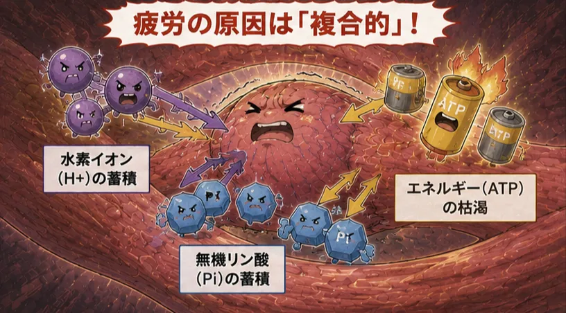 筋肉の中で水素イオンや無機リン酸が溜まり疲労が発生している複合メカニズムの図解