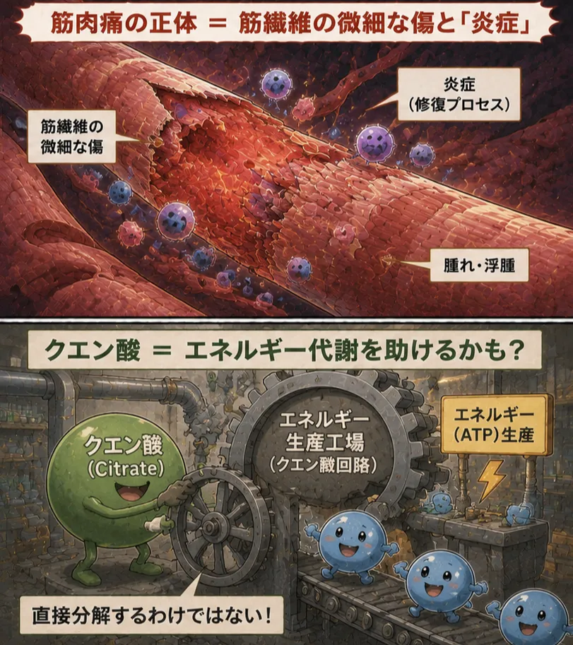 ミクロレベルで傷つき炎症を起こしている筋繊維の図(DOMS)と、クエン酸がエネルギー代謝を助けるイメージ図