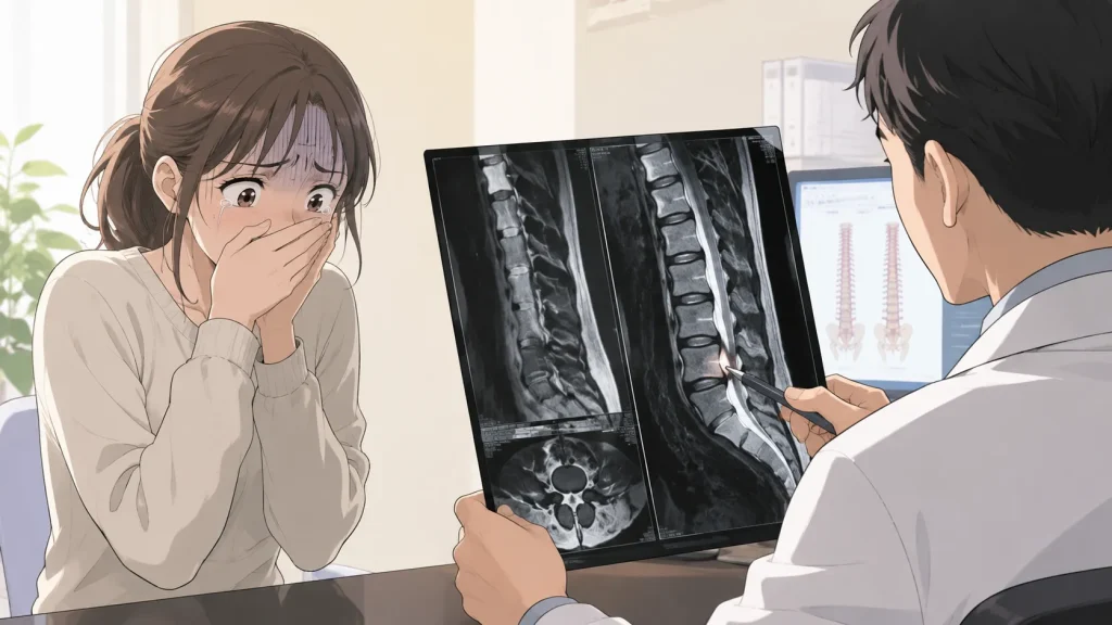 MRI画像を見て「ヘルニアがある」と言われショックを受ける人のイラスト