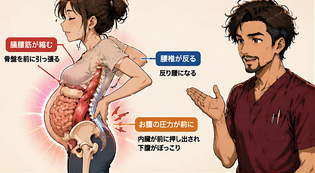 股関節の奥にある「腸腰筋(大腰筋・腸骨筋)」や前モモ(大腿直筋)が縮んで硬くなり、骨盤が前に引っ張られて傾いている様子(骨盤前傾)