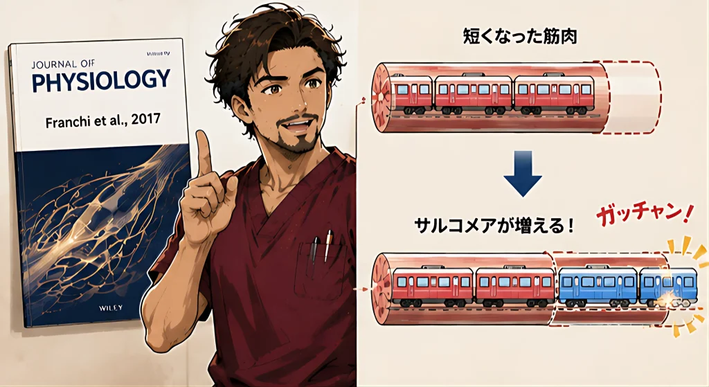 筋肉が伸びながら力を発揮する「エキセントリック収縮(伸張性収縮)」を行うことで、筋肉の末端や内部に新しいサルコメアが縦方向に追加されている様子