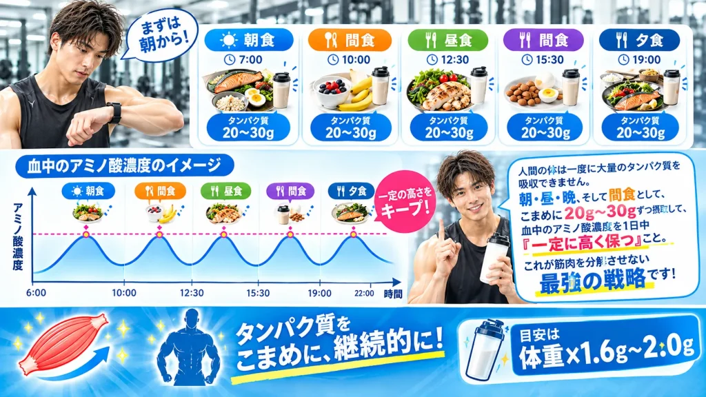 1日を通じた血中アミノ酸濃度の推移とこまめな栄養摂取の重要性を示すグラフ